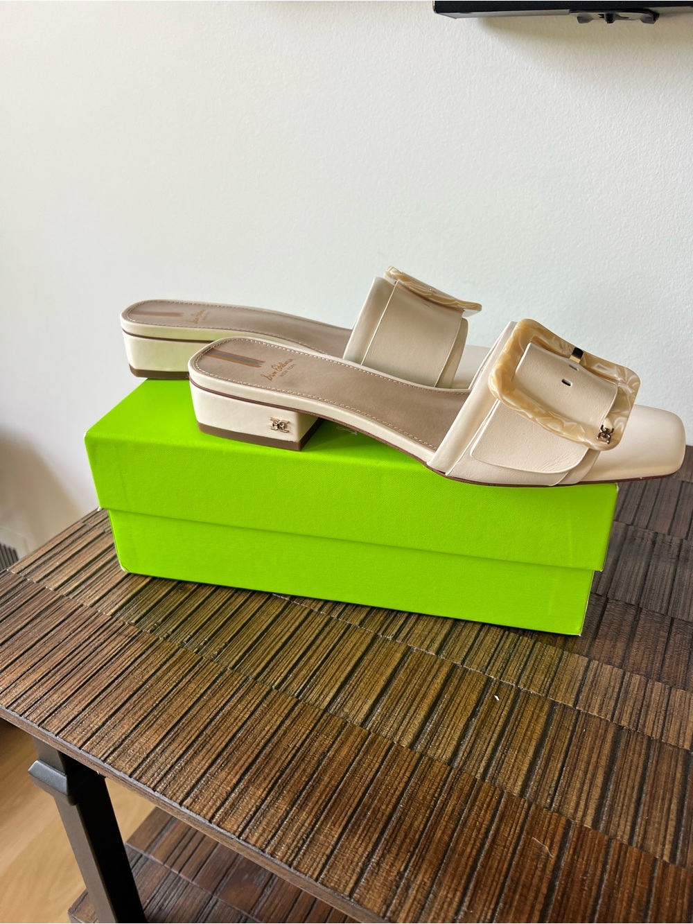 Sam Edelman Ivory Slide Sandals with Resin Buckle